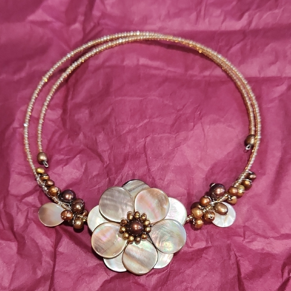 Cream and Tan Floral Necklace with Double-Strand Design